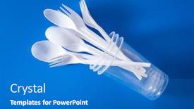  Presentation with plastic waste recycling - Cool new theme with single-use-plastic-cups-forks backdrop and a teal colored foreground