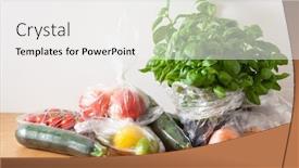  Presentation with issue - Presentation theme consisting of single use plastic waste issue fruits and vegetables in plastic bags background and a white colored foreground