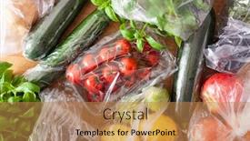 Presentation with plastic waste - PPT layouts having single use plastic waste issue fruits and vegetables in plastic bags background and a coral colored foreground