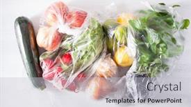  Presentation with plastic waste - Colorful presentation design enhanced with single use plastic waste issue fruits and vegetables in plastic bags backdrop and a light gray colored foreground