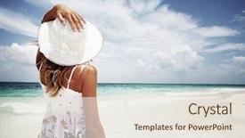  Presentation with wave - Audience pleasing slides consisting of single wave - young woman in summer dress backdrop and a sky blue colored foreground