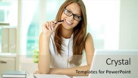  Presentation with lady - Presentation with single woman - happily smiling business lady posing background and a  colored foreground