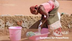  Presentation with african woman - Beautiful presentation design featuring single young african woman in a village in botswana washing her clothes in the yard backdrop and a coral colored foreground