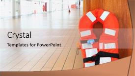  Presentation with orange life buoy splash water - Presentation design consisting of singular orange life jacket stands background and a soft green colored foreground