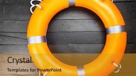  Presentation with life float - Beautiful PPT theme featuring sink float - life buoy on wooden wall backdrop and a gold colored foreground