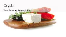  Presentation with salmon dish - Colorful slides enhanced with sinlge pink salmon bit on a big wooden dish with white cheese backdrop and a white colored foreground