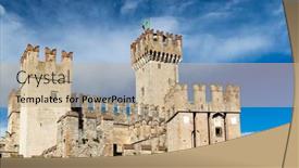  Presentation with castle - Presentation theme featuring sirmione-castle-lake-garda-lombardy background and a coral colored foreground