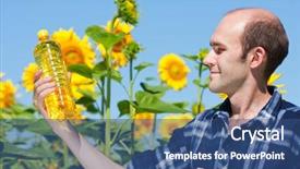  Presentation with oil field - Presentation having sirupi - happy farmer holding bottle background and a ocean colored foreground