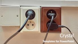  Presentation with cables - Presentation theme having sistem saving electrical energy - electric outlets with connected cables background and a coral colored foreground