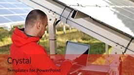  Presentation with electrical engineer solar - Cool new slide deck with sistem saving electrical energy - engineer working with laptop backdrop and a red colored foreground