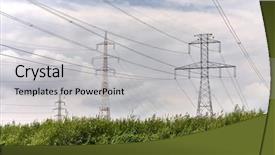  Presentation with town hall sky scrappers - Colorful slide deck enhanced with sistem saving electrical energy - many electric towers against cloudy backdrop and a light gray colored foreground