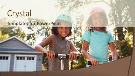  Presentation with riding jetski - PPT theme featuring sister riding scooters on driveway background and a cream colored foreground