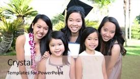  Presentation with little asian girl receiving vaccination - Beautiful PPT theme featuring sisters celebrating a college graduation backdrop and a coral colored foreground