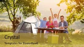  Presentation with camping - Colorful presentation theme enhanced with sisters love - happy family on camping backdrop and a gold colored foreground