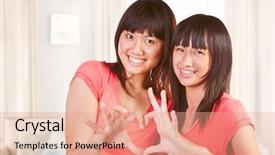  Presentation with chinese make up - Audience pleasing PPT layouts consisting of sisters love - two chinese girl making heart backdrop and a  colored foreground