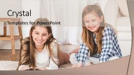  Presentation with two cute sisters playing - Cool new PPT theme with sisters playing games with joystick backdrop and a soft green colored foreground