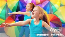  Presentation with colorful - Cool new PPT layouts with sisters playing with colorful umbrella backdrop and a teal colored foreground