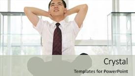  Presentation with 3d man business leader - Audience pleasing theme consisting of sit on table in offcie backdrop and a  colored foreground