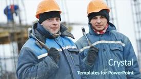  Presentation with concrete construction - Presentation theme with construction carpenter workers at construction background and a ocean colored foreground