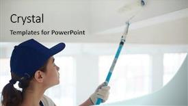  Presentation with construction site construction - Slide set having site female worker painting ceiling background and a light gray colored foreground