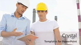  Presentation with digital industry - Slide set with site inspections - male construction workers discussing background and a mint green colored foreground