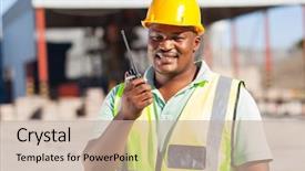  Presentation with radio - Presentation with site management - african male builder talking background and a  colored foreground