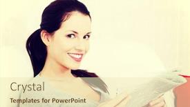  Presentation with amsterdam historical beautiful view - Colorful PPT layouts enhanced with site view portrait of a young beautiful smiling woman sitting on a sofa and holding a newspaper having a look at the camera backdrop and a soft green colored foreground