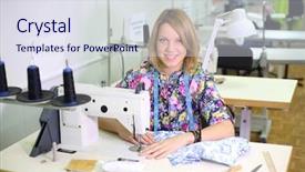  Presentation with female - Cool new theme with sits at table with sewing backdrop and a  colored foreground