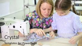  Presentation with sewing machine - Cool new slides with sits at table with sewing backdrop and a soft green colored foreground