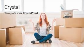  Presentation with boxes - Presentation featuring sitting among cardboard boxes housewarming background and a white colored foreground