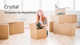  Presentation with boxing woman and a tawny - Audience pleasing slide deck consisting of sitting among cardboard boxes housewarming backdrop and a white colored foreground