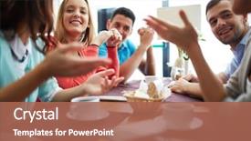  Presentation with portrait happy family smiling - Colorful slide set enhanced with sitting and chatting in cafe backdrop and a coral colored foreground