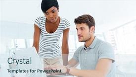  Presentation with young business people - Amazing PPT theme having sitting and creating business plan backdrop and a  colored foreground