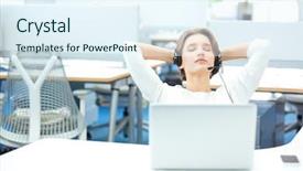  Presentation with brain waves mobile 2 headset - Audience pleasing PPT layouts consisting of sitting and relaxing on workplace backdrop and a  colored foreground