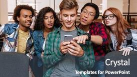  Presentation with smiling paramedic sitting in ambulance - PPT theme with sitting and using mobile phone background and a ocean colored foreground