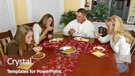  Presentation with teachers working around a table - Slide set with sitting around the dinner table background and a tawny brown colored foreground