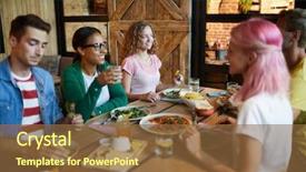  Presentation with people hold hand around globe - Slide set consisting of sitting around wooden served table background and a  colored foreground