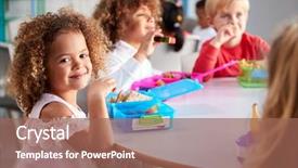  Presentation with young children at school - Beautiful PPT theme featuring sitting at a table eating backdrop and a coral colored foreground