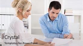  Presentation with people talking - Presentation theme having sales interview - customer and client sitting background and a coral colored foreground