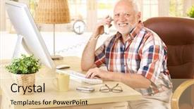  Presentation with old man - Slides having sitting at desk using computer background and a lemonade colored foreground