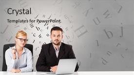  Presentation with desk - PPT theme featuring sitting at desk with editorial background and a light gray colored foreground