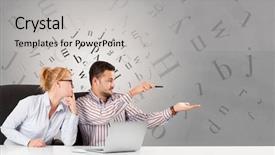  Presentation with desk - PPT theme enhanced with sitting at desk with editorial background and a light gray colored foreground