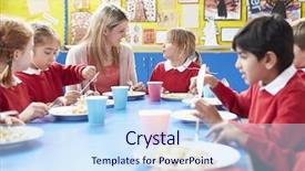  Presentation with teacher - Amazing slide deck having sitting at table eating lunch backdrop and a sky blue colored foreground