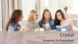  Presentation with club - Cool new PPT theme with sitting at table in book backdrop and a mint green colored foreground