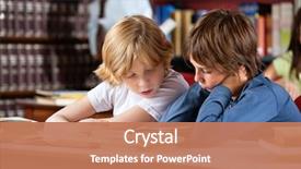  Presentation with reading table - Slide set having sitting at table in library background and a coral colored foreground