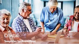 Presentation with senior worker - PPT layouts with sitting at table in nursing background and a coral colored foreground