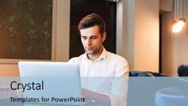  Presentation with formal - Slide set consisting of sitting at the hotel lobby background and a light blue colored foreground