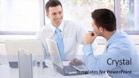  Presentation with board meeting room chairs - Beautiful PPT theme featuring sitting behind desk - handsome young businessmen chatting backdrop and a light blue colored foreground