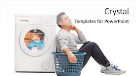  Presentation with 3d man sitting question mark - PPT theme consisting of sitting by a washing machine background and a white colored foreground