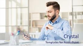  Presentation with gadget - Colorful PPT theme enhanced with sitting by desk and scrolling backdrop and a  colored foreground